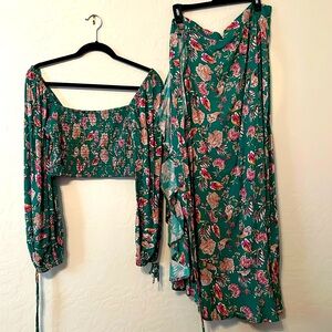 B O G Collective- 2 piece green pink print crop top with wrap skirt. EUC